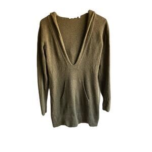 Vince Cashmere Hooded Tunic Sweater Size M Olive Green V-Neck Pouch Pocket Comfy